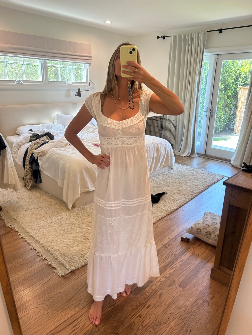Vintage 90s white summer dress with lace details and shell buttons.